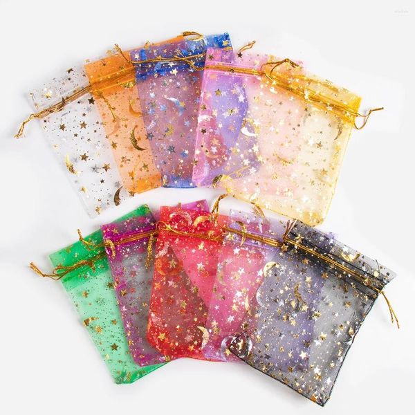 Enveloppe cadeau 50pcs Star Moon Design Drawstring Organza Sacs sacs Eid Mubarak Mariage de mariage Sac d'emballage de bijoux Pouche