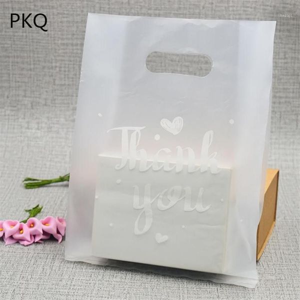 Envoltura de regalo 50 unids translúcido gracias imprimir bolsa de plástico favor joyería boutique embalaje bolsas de compras con mango1296l