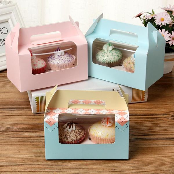 Papel de regalo 50 Uds. Dos cajas de papel Kraft blanco, rosa y azul, caja para cupcakes, pastel con ventana de PVC limpia, embalaje de recuerdo de fiesta de boda