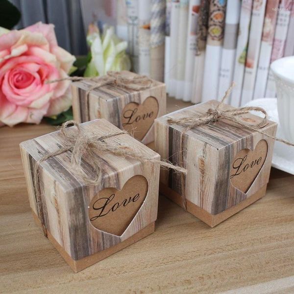 Papel de regalo 50 piezas boda rústico Kraft corteza dulces cajas con arpillera Chic cordel caja de Favor