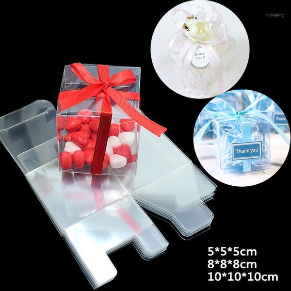 Enveloppe cadeau 50pieces / lot Clear Square Wedding Favor Box PVC Partant de fête transparent sacs de bonbons de chocolat Noël 5cm / 8cm1