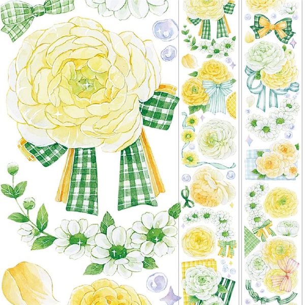 Papier Cadeau 5M Fleurs Jaunes Romantiques Brillant Argent PET Bandes Journal Collage Matériel DIY Scrapbooking Carterie Décor Planificateur Autocollant