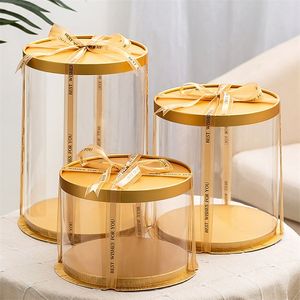 Geschenkomschakeling 5 stcs 16/22 cm Ronde transparante cakeboxen goud wit helder cilindrisch patroon geschenkdoos roze beer pakking dessert bak decor 220913