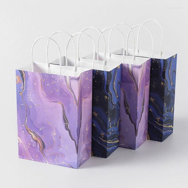 Enveloppe cadeau 5pcs Blue Purple Marble Design Kraft Paper Paper Sac avec manche d'anniversaire emballage Favors Favors Festival Supplies