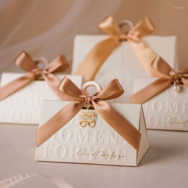 Cadeau cadeau 5pcs Champagne Gold Bow Triangle Boîte de bonbons de mariage Portable Sweet Wishes Happy Party Decor Bridal