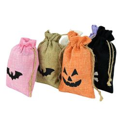 Geschenkomschakeling 5 -stcs Halloween Candy Tas Linnen katoenen verpakking Party Goodie Pouches Drawable Drawstring Bags Present Sweets Bat