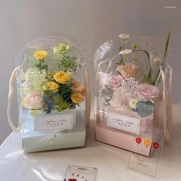 Cadeau cadeau 5pcs PVC boîte à fleurs portable avec poignée de ruban bricolage sac d'emballage transparent pour fête d'anniversaire anniversaire