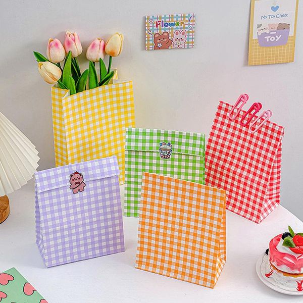 Emballage cadeau 5 pièces/ensemble couleur Plaid Kraft papier sac Festival noël organisateur bonbons biscuit Snack fleur paquet