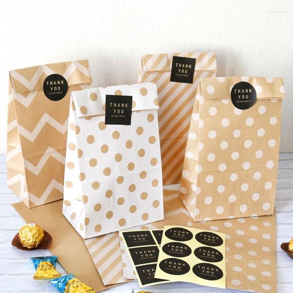 Emballage cadeau 5 pièces/ensemble sac en papier Kraft rayé à pois rétro créatif Biscuit emballage de cuisson avec autocollants