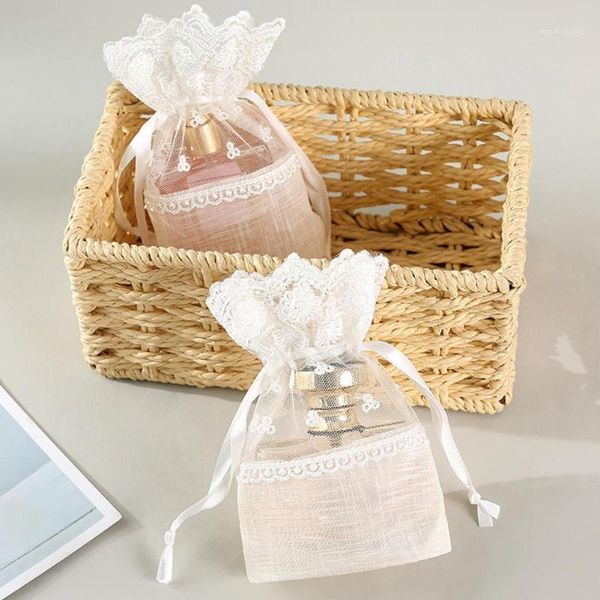 Papel de regalo 5 unids/set bolsa de encaje de rosa blanca bolsa con cordón pequeña arpillera almacenamiento dulces para boda fiesta favores bolsas de embalaje