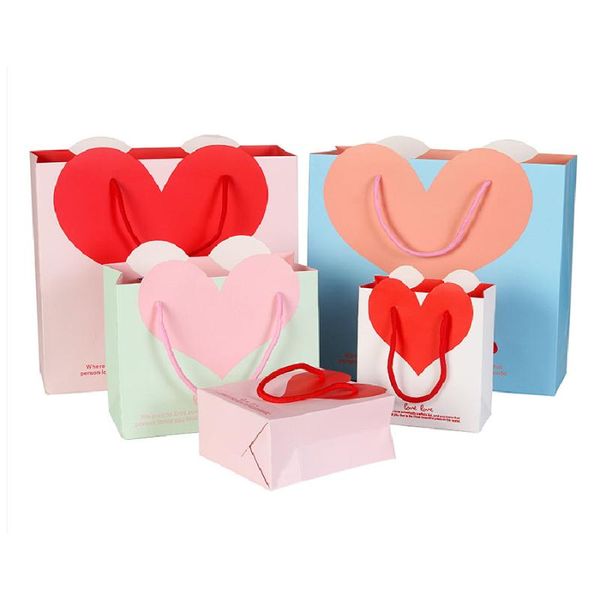 Papel de regalo 5 uds decoración de boda bolsa de papel Kraft fiesta de cumpleaños favores corazón rojo bolsas de compras de alta calidad bolso de mano regalo