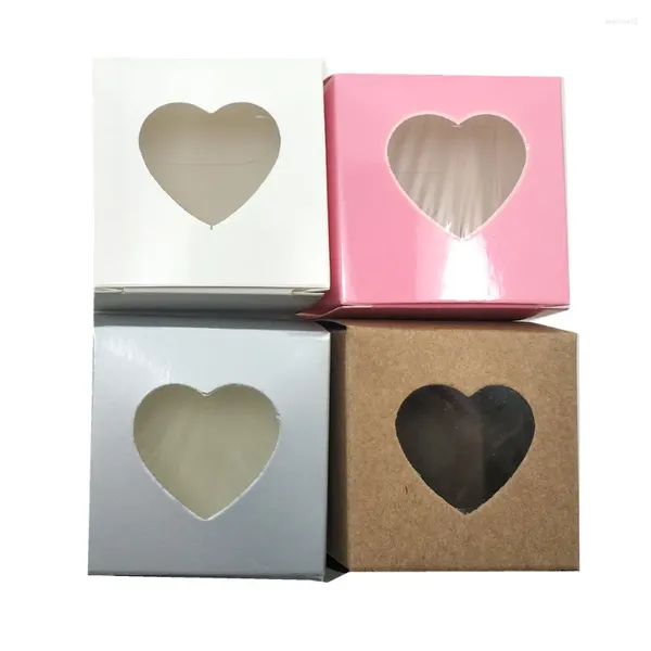 Envoltura de regalo 5x5x5 cm Mini Coloful Square Kraft Caja de paquete de papel con ventana de corazón Regalos plegables Pantalla Caja de cartón Paquete de chocolate