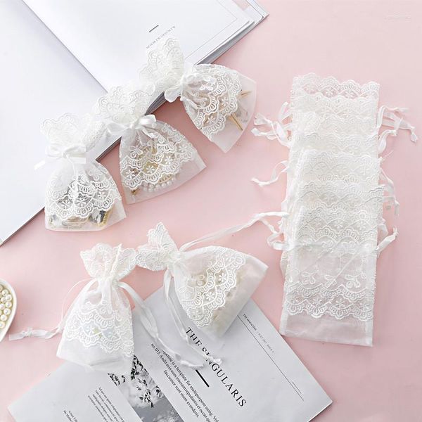 Emballage cadeau 6/12/24 pièces 10x14 cm fleur blanche Organza sacs bijoux corde haut de gamme créatif emballage mariage