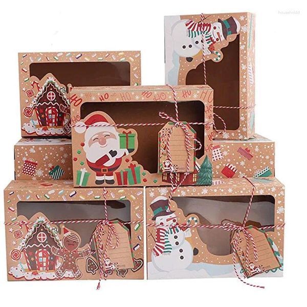 Emballage cadeau 6/9/12pcs Boîte à biscuits en papier kraft de Noël pour beignets gâteau bonbons cuisson avec étiquettes rubans fournitures de décoration