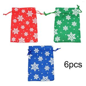 Geschenkwikkeling 6 stuks sneeuwvlokpatroon Kerstmis trekstring jute Bag 14x10cm DIY Craft Duurzame verpakking Sieraden Candy Little Gifts Bags