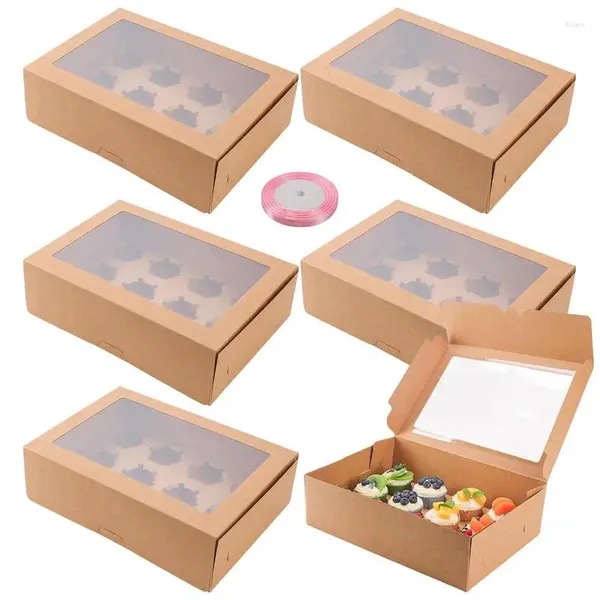 Enveloppe-cadeau 6 Set Cupcake Container avec ruban à rouleau Boîte à pâtisserie transparente pour le beignet Petites pâtisseries Biscuit Muffin Gâteaux