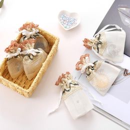 Papel de regalo 6 piezas 10x14 cm Beige Wave Lace Jewelry Bags White Drawstring Organza Packaging Bag Wedding Party