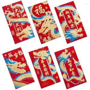 Geschenkwikkeling 6pcs Chinees jaar geluk Red enveloppen 2024 Dragon Money Pocket Traditional Embossed Bag Kid