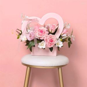 Geschenkomschakeling 6pcs Kraft Paper Bloemboxen Wedding Rose Bouquet Arrangementen Handheld Verpakkingszak Love Basket Decoratie