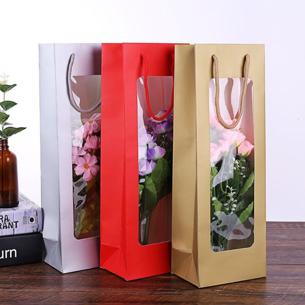 Papel de regalo 6PCS Multi Color Cartón Bolsa de regalo de vino DIY Bolsa de embalaje de regalo de flor simple con envoltura de ventana transparente Suministros de embalaje 230707