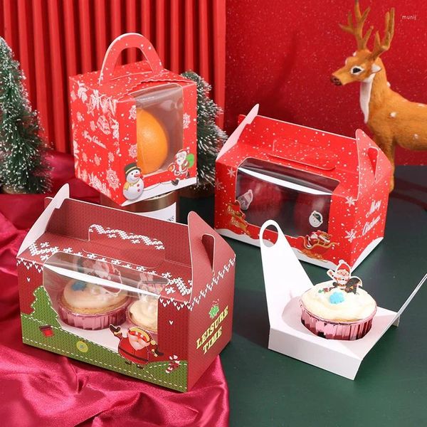 Envoltura de regalo 6 unids Caja de papel con ventana Cajas de tratamiento de Navidad Cupcake Muffin Pastel Embalaje de alimentos Decoración de fiesta de cumpleaños de Navidad