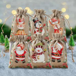 Cadeau cadeau 6pcs Santa Claus Elk Bells Petit ours Cordon de jute naturel Sac de jute 10x15cm coton lin imprimé de Noël