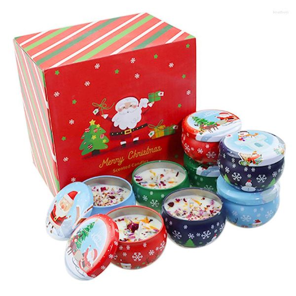 Envoltura de regalo 8 unids Navidad Hojalata vacía Vela Latas de Navidad Temática Perfumada Caja de galletas de caramelo redondo Tazas lindas Contenedor de caja de hojalata