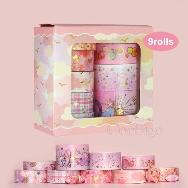 Envoltura de regalo 9 rollos Conjuntos de cintas washi florales rosadas Papel de oro Enmascaramiento Adhesivo Papel Scrapbooking Etiqueta Diario Papelería Decoración Suministros de bricolaje