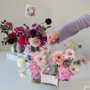 Cadeau cadeau Boîte à fleurs acrylique Clear Rose Pots Stand Vase carré décoratif avec couvercles pour la Saint-Valentin Mères Anniversaire Mariage Drop Dheay