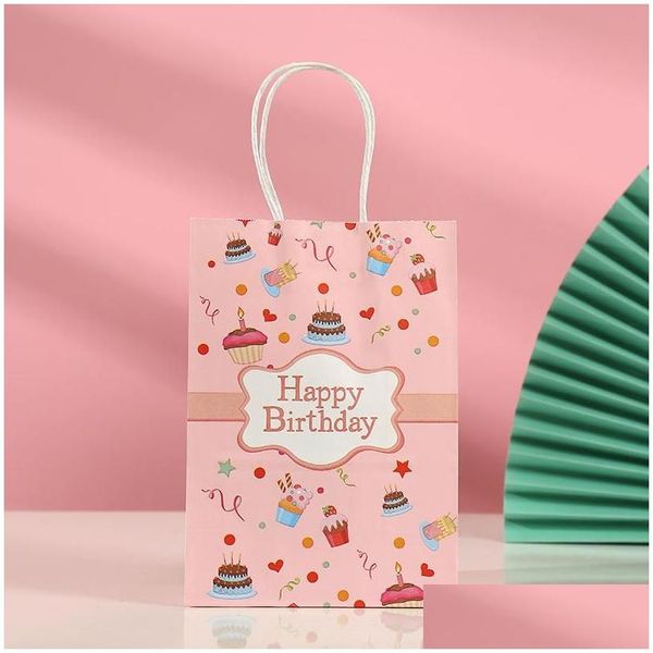 Emballage cadeau Emballage de fête d'anniversaire 20pc / set sacs papier kraft avec poignée dessin animé décorations heureuses enfants drop livraison maison jardin festival Dhxd7