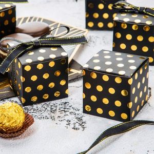 Envoltura de regalo Caja de embalaje de caramelos negros con puntos dorados Cinta a granel Cajas de regalos para banquetes de boda Bolsas de embalaje para invitados