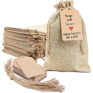 Geschenkwikkeling jute verpakkingszakken trekstringzakken kraft tags koord touw touw voor sieraden maken verjaardagsfeestje aanbod opslag cadeau