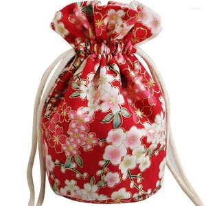 Emballage cadeau Fleurs de cerisier Sac en tissu à fond rond Pochette en lin de coton chinois Petits bijoux Sacs d'emballage réutilisables