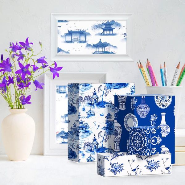 Emballage cadeau Chineware Peinture Papier d'emballage Emballages d'anniversaire Décoration Bleu et Blanc Porcelaine Artisanat Cadeaux Emballage