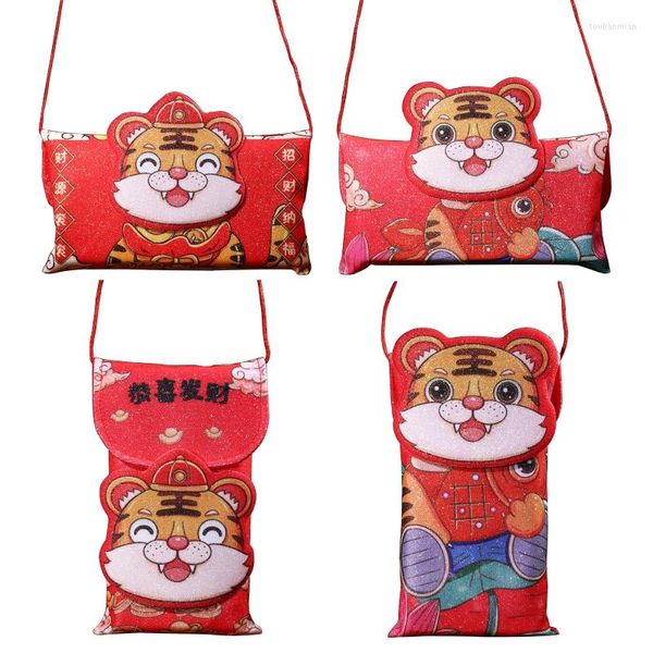 Emballage cadeau Style chinois porte-bonheur sac 3D dessin animé tigre tissu rouge enveloppe poche sacs de messager pour la fête du printemps