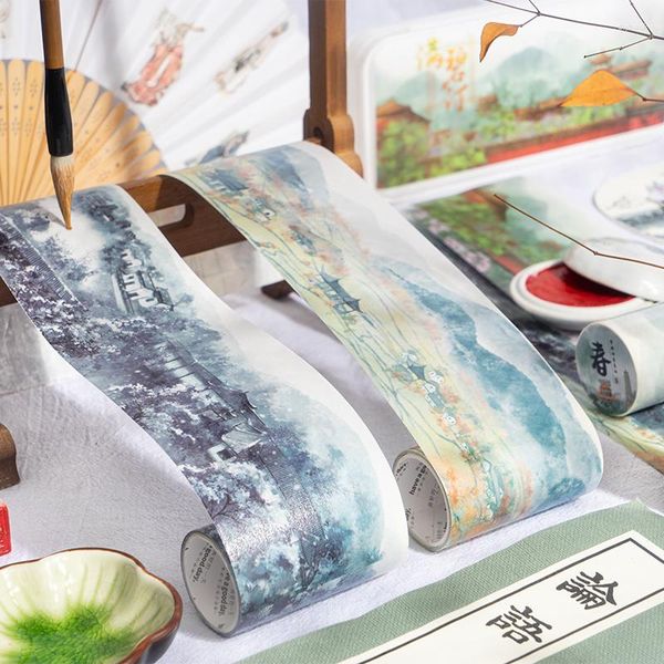 Emballage cadeau Style chinois masquage Washi ruban Vintage peinture paysage décoratif adhésif bricolage Scrapbooking autocollant étiquette papeterie