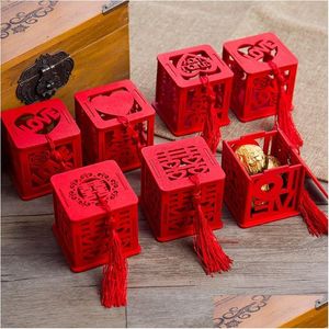 Geschenkwikkeling Chinese stijl Vintage Nieuwheid Rood Square Wooden Love Candy Boxes Party Sugar Supply LX0434 Drop Delivery Home Garden Dh2rd