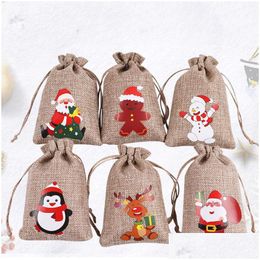 Cadeaupapier Kerst Jute Linnen Dstring Tas Wraps Kerstman Sneeuwpop Pinguïn Elanden Snoep Sieraden Verpakking Present Opbergzakken Kerstmis Dhxji