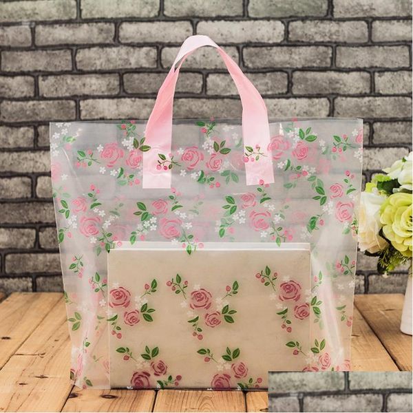 Envoltura de regalo Tienda de plástico transparente Bolsas de transporte con asa Boutique Empaquetado Floral Rosa Impreso Grande Lindo 5 Tamaños Lz1177 Entrega de gota Dhlrg