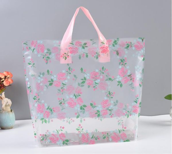 Envoltura de regalo Bolsas de compras de plástico transparente con asa Regalo Boutique Embalaje Floral Rosa Impreso Grande Lindo 5 tamaños SN3715