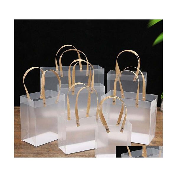 Envoltura de regalo Bolsas de asas transparentes con asas Bk Bouquet Pvc Party Favors Bag para bodas Cumpleaños Despedidas de soltera Festival Treat White Fro Dh8Gh