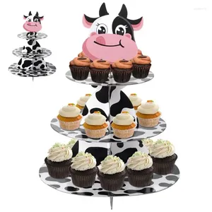 Reportaje de regalos estampado de vaca Pastel de cupcake de 3 niveles Soporte de animales de granja gruesos suministros de fiesta temática adorable decoración