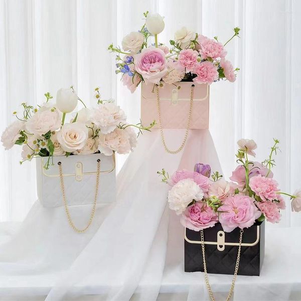 Bolsa de papel para envolver flores creativas con asa, caja de embalaje portátil vacía, funda con forma de bolso, decoración para fiesta de cumpleaños y boda
