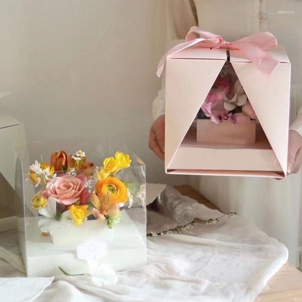 Emballage cadeau créatif boîte à fleurs à main avec V fenêtre transparente mariage Rose Bouquet emballage étui bonbons gâteau fête emballage