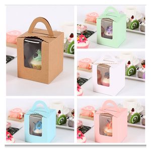 Geschenkverpakking Cupcake Doos Draagbare Enkele Papier Houder Container Carrier, Muffin Dozen Met Venster Inserts Handvat Bakken Verpakking Decoratie TX0021