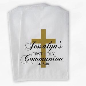 Geschenkwikkel Custom First Communion Favor tassen - gepersonaliseerde doop of religieuze partij zwarte en gouden papiertraktatie