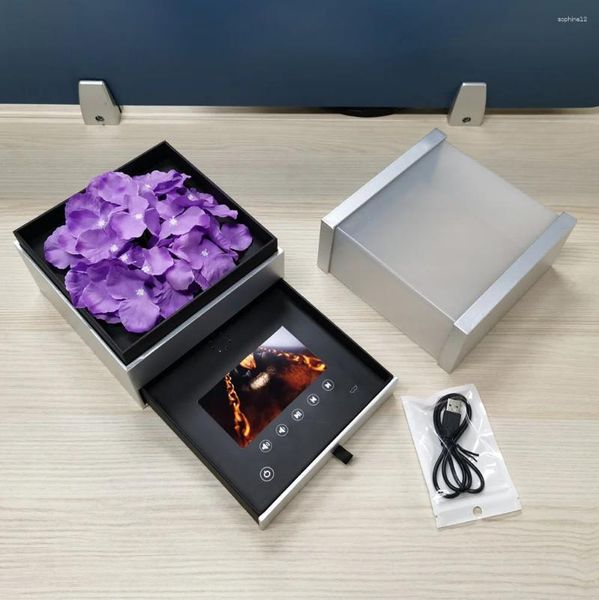 Invitación de regalos Custom Square Transparente Tarjeta de felicitación de lujo LCD Box de envasado de flores LCD Pantalla digital