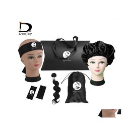 Emballage cadeau Logo personnalisé Bundles d'extension de cheveux Ensembles d'emballage Adhésif Vierge humaine Étiquettes volantes Bonnets Emballage en satin Sacs Boîte Kit1 Drop Dhiar