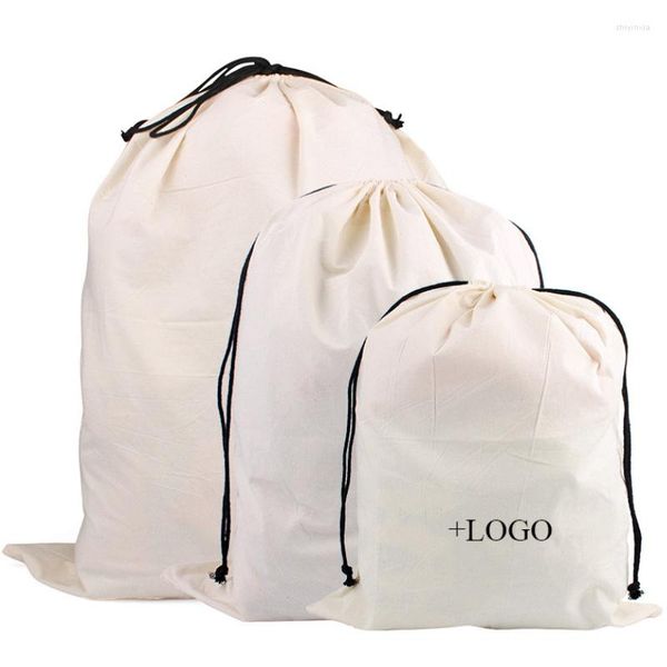 Emballage cadeau Sac à cordon en coton naturel respectueux de l'environnement Emballage avec logo personnalisé Grande taille 30x40 / 40x50 / 50x60cm Pochette anti-poussière en tissu