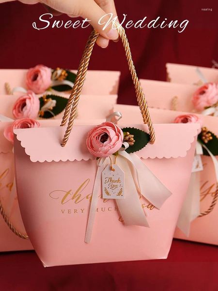 Envoltura de regalo Estilo europeo Caja de dulces de boda Embalaje Bolsas de papel para dama de honor con asa Baby Shower Favores Suministros para fiestas al por mayor